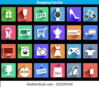 flat shopping icons with long shadow effect in stylish colors of modern shopping objects and items - vector eps10