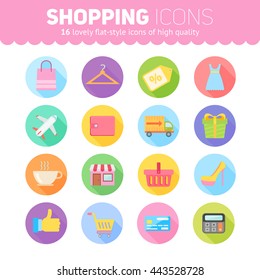 Flat shopping icons pack for mobile applications, marketing business, web design, online stores, trading and sales, browser games