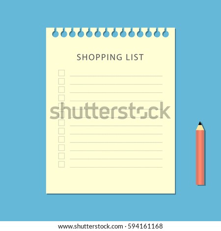 Flat shopping list and pencil on blue background. Vector illustration