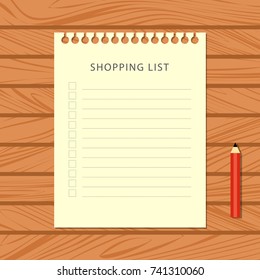 Flat shopping list and red pencil on wooden background. Stationery on wooden table, top view. Vector illustration