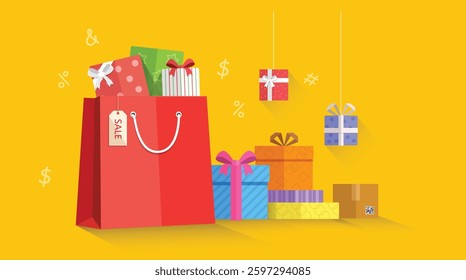 Flat shopping mall gift background, shopping mall, print, website, homepage, visual, vector icon, shopping