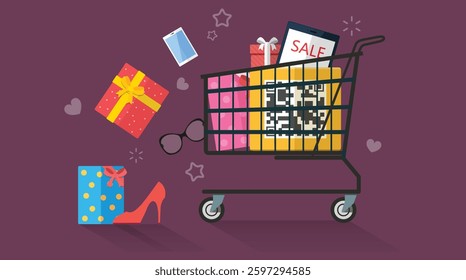 Flat shopping mall sale cart background, shopping mall, print, website, homepage, visual, vector icon, shopping