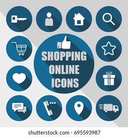 Flat shopping online icons with shadows. E-commerce icons. Vector illustration.