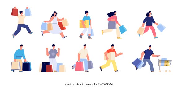 Flat shopping persons. Shop couple, people with cart and purchase. Woman man holding bags box, isolated discount buyers utter vector characters