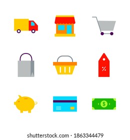 Venta de compras plana. Ilustración vectorial de objetos de tienda.