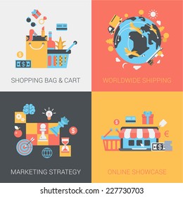Flat shopping, shipping, marketing strategy and online store concept. Cart and bag, worldwide delivery, shop. Vector icon banners template set. Web illustration. Website infographic elements