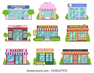 Flat shops set. Barber shop, bookstore and pharmacy. Bakery and pizza isolated cartoon stories vector collection. Store and pizza, restaurant facade, market building illustration