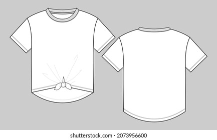 Flat Short sleeve with round bottom T-shirt Technical sketch fashion template for Women's. Vector art illustration Clothing mock up front and back views. Easy Edit customizable
