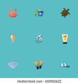 Flat Shovel, Anti-Sun Cream, Conch And Other Vector Elements. Set Of Beach Flat Symbols Also Includes Sea, Kite, Toy Objects.