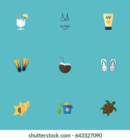 Flat Shovel, Shell, Tortoise And Other Vector Elements. Set Of Summer Flat Symbols Also Includes Sea, Cocktail, Drink Objects.