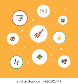 Flat Show, Gear, Arise And Other Vector Elements. Set Of Projects Flat Symbols Also Includes Startup, Teamwork, Limit Objects.