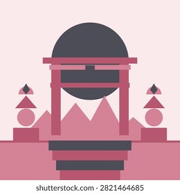Flat shrine gate landscape built from straight beam shapes in slate amber colors, geometric vector artwork of sacred architecture and lanterns for cultural design.