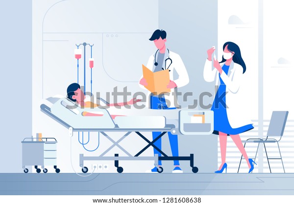 平たい病気の若い人は 病院の医者と看護師の近くにスポイトを持って横たわる 男女性のキャラクターをコンセプトし 医療 人を助ける ベクターイラスト のベクター画像素材 ロイヤリティフリー