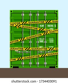 Flat side door view shipping cargo 20 foot container delivery yellow police tape enclosing. Large metal 20 ft containers for transportation. Vector illustration