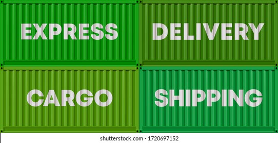 Flat side view express shipping cargo 20 foot four container delivery. Large metal 20 ft containers for transportation. Delivery of cargo shipping. Vector illustration