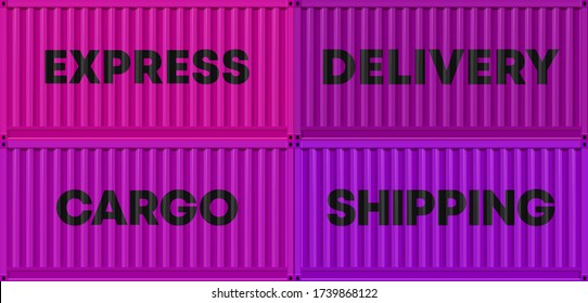 Flat side view express shipping cargo 20 foot four container delivery. Large metal 20 ft containers for transportation. Delivery of cargo shipping. Vector illustration