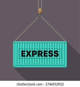 Flat side view express shipping cargo 20 foot container delivery. Large metal 20 ft containers for transportation. Delivery of cargo shipping. Vector illustration