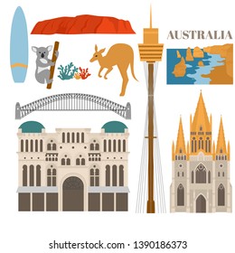 Flat Sightseeing and landmark. Vector Architecture of Australia. St paul's cathedral melbourne, Queen Victoria Building, Harbour bridge, Sydney tower, Uluru and The Twelve Apostles