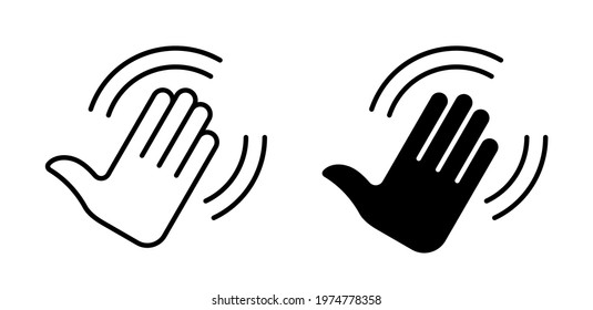 Flat sign of greeting or goodbye. Human waving palm icon with swing lines. Vector elements