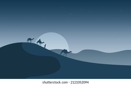 Flat silhouette desert with camels landscape for islamic event background