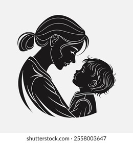 A flat silhouette design depicting the loving bond between a mother and daughter, showcasing a heartwarming pose, perfect for family-themed designs, logos, and illustrations.