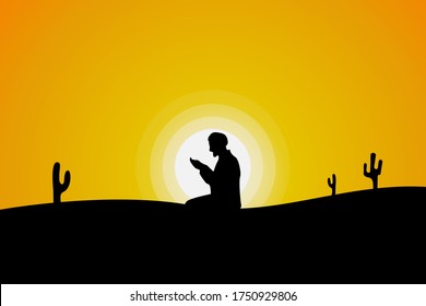 flat silhouette design pray to god in the afternoon in the desert