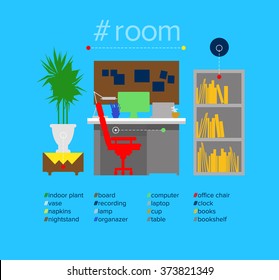 Flat silhouette design of web banner template with icons of work room interior,  home apartment decoration, freelance work place. Things with the hashtag. Modern hashtag infographic website design.