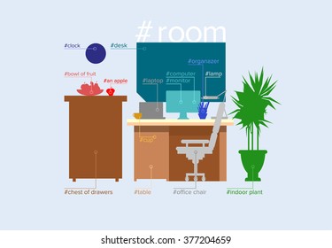 Flat silhouette design of web banner template with icons of work room interior design and art, home apartment decoration, freelance work place. Things with hashtag. Modern hashtag infographic design