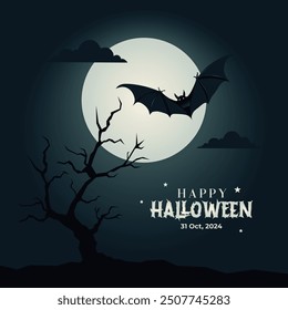 Flat silhouette Halloween background with scary flying Bat and Pumpkin