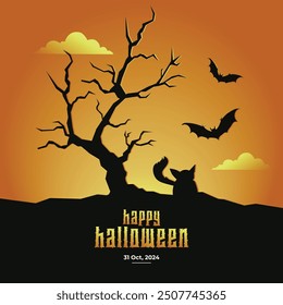 Flat silhouette Halloween background with scary flying Bat and Fox