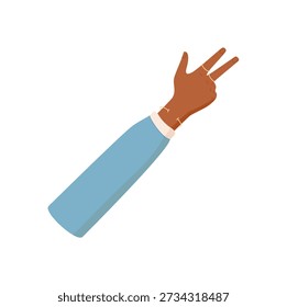 Flat silhouette of a hand with three fingers up. Palm gesture showing number three with dark skin tone and light blue sleeve. Isolated concept, counting or educational use.