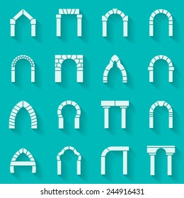 Flat silhouette icons vector collection of arch. Set of white silhouette flat vector icons for different types and shape arches with shadow on blue background.