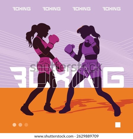 Flat silhouette illustration of two female boxers in action, facing off in the ring with dynamic poses and bold lines, showcasing a sporty aesthetic. Purple and Orange color tone