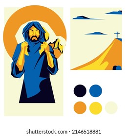 Flat silhouette image of a man, a shepherd with a sheep on his shoulders against the background of a sunset. Blue-yellow gamma, graphic image of a mountain with a cross and an empty tomb.