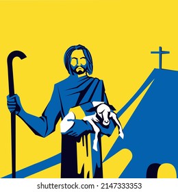 Flat silhouette image of a man, a shepherd with a sheep on his hand against the blue-yellow background, graphic image of a mountain with a cross.