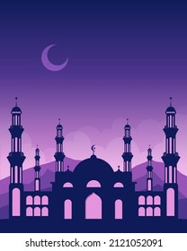 Flat silhouette landscape with mosque for islamic event, ramadan or eid mubarak background