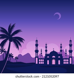 Flat silhouette landscape with mosque for islamic event, ramadan or eid mubarak background