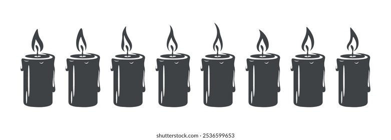 Flat Silhouette Monochrome Candle Icon Set. Steps of Burning Candle Fire Icons. Moving Flame Effect. Christmas Holiday Decoration. Candle Animation Design Elements, Isolated