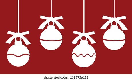 Flat Silhouette Paper Cut Style Hanging Decorative baubles Banner Template on Red Background. Silhouette white color decorative  Christmas balls set with Ribbon Bows. New Year and Holiday decorations.