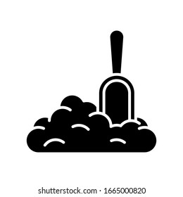 Flat silhouette pile of dry matter with stuck scoop. Black vector illustration of litter toilet, pet food, soil, building materials. Outline icon of heap or mound of flour, grain, groats, sugar, salt