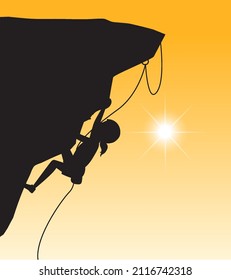 Flat silhouette rock climbing in nature background illustration