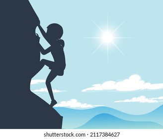 Flat silhouette rock climbing in nature background illustration