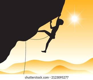 Flat silhouette rock climbing in nature background illustration