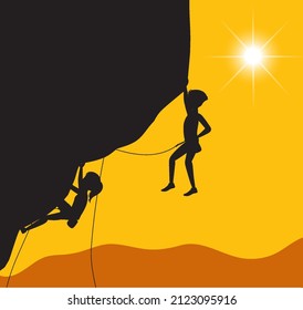 Flat silhouette rock climbing in nature background illustration