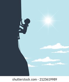 Flat silhouette rock climbing in nature background illustration