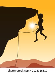 Flat silhouette rock climbing in nature background illustration