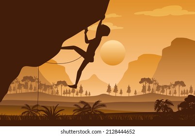 Flat silhouette rock climbing in nature background illustration