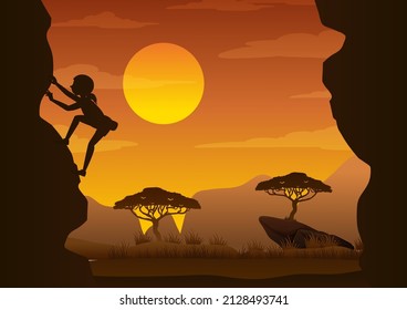 Flat silhouette rock climbing in nature background illustration