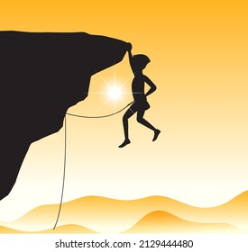 Flat silhouette rock climbing in nature background illustration