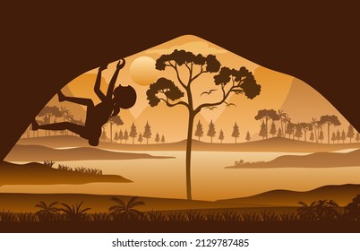 Flat silhouette rock climbing in nature background illustration